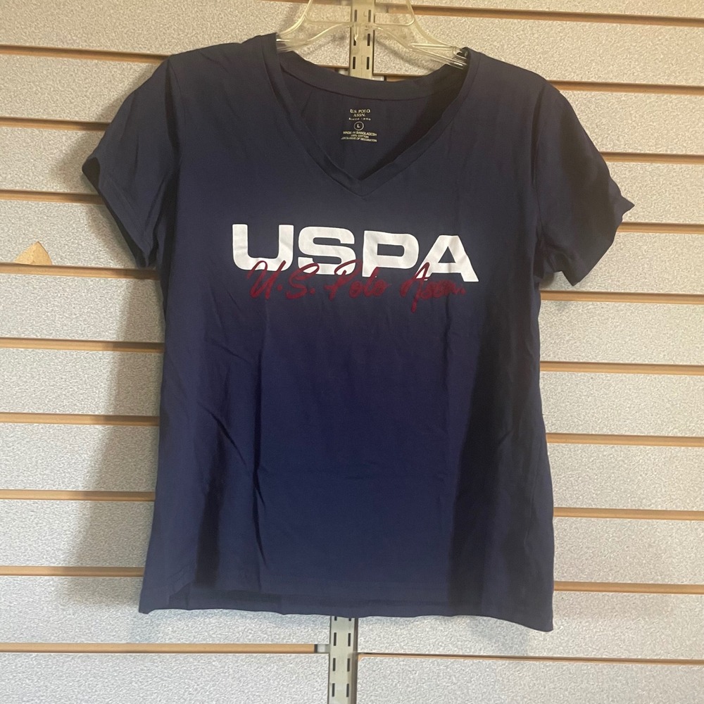 US Polo Assn V-Neck T-Shirt Womens Large Short Sleeve Navy Blue Logo